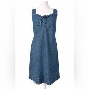 90s Inspired Denim Midi Dress 18W Blue A-Line Lace Up Retro Cottagecore